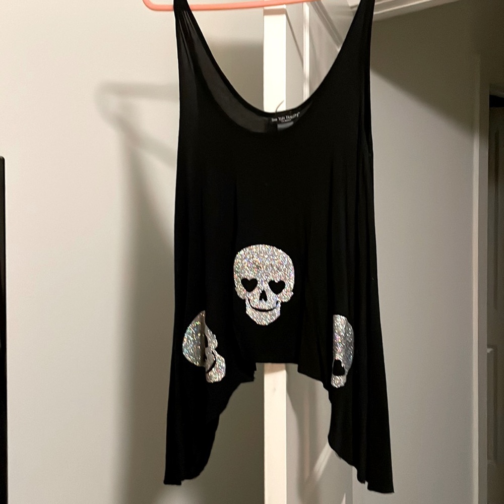 High low glitter skull black tank top